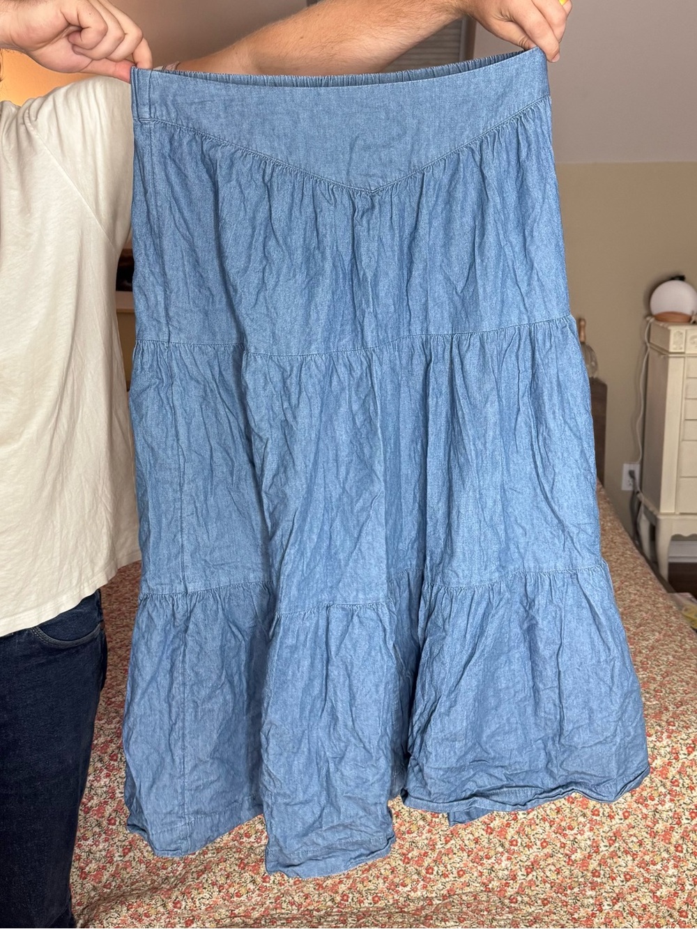 LC Lauren Conrad Denim-Look Tiered Maxi Skirt in Light Blue